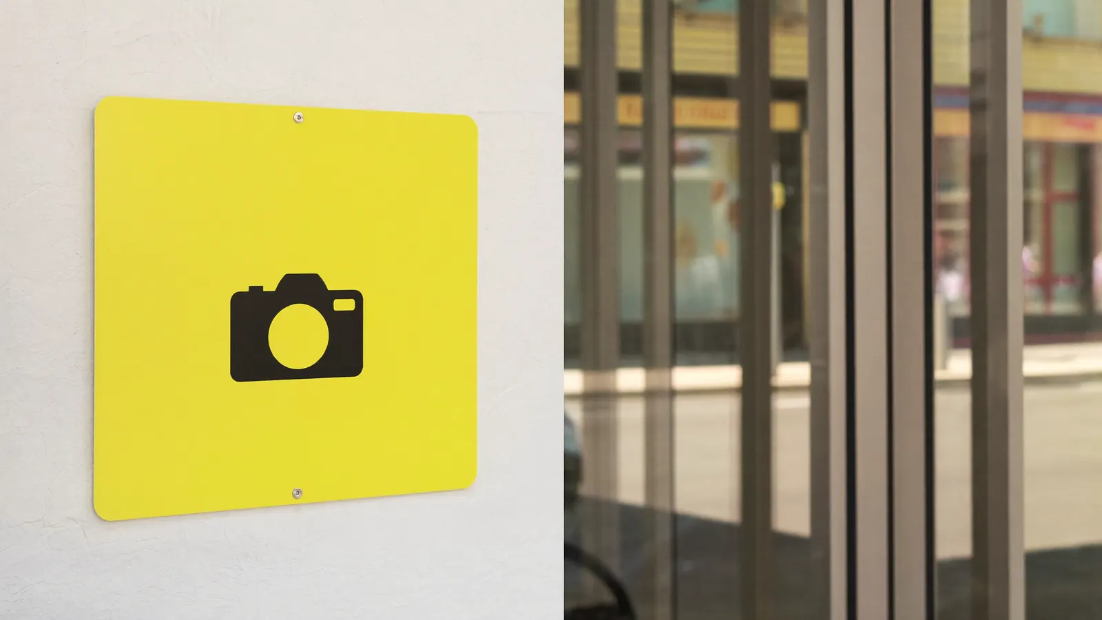 Cartel informativo de zona videovigilada junto a la entrada de un comercio en Sevilla